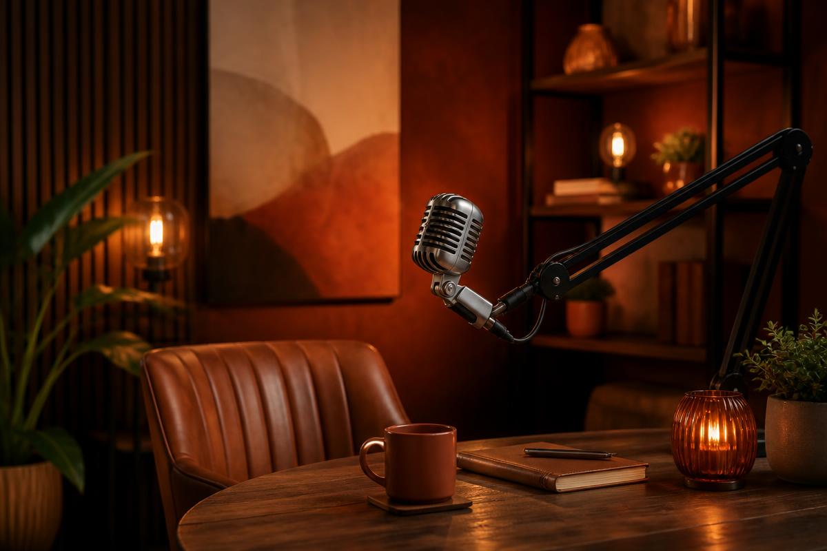 Podcast microphone in a warm studio